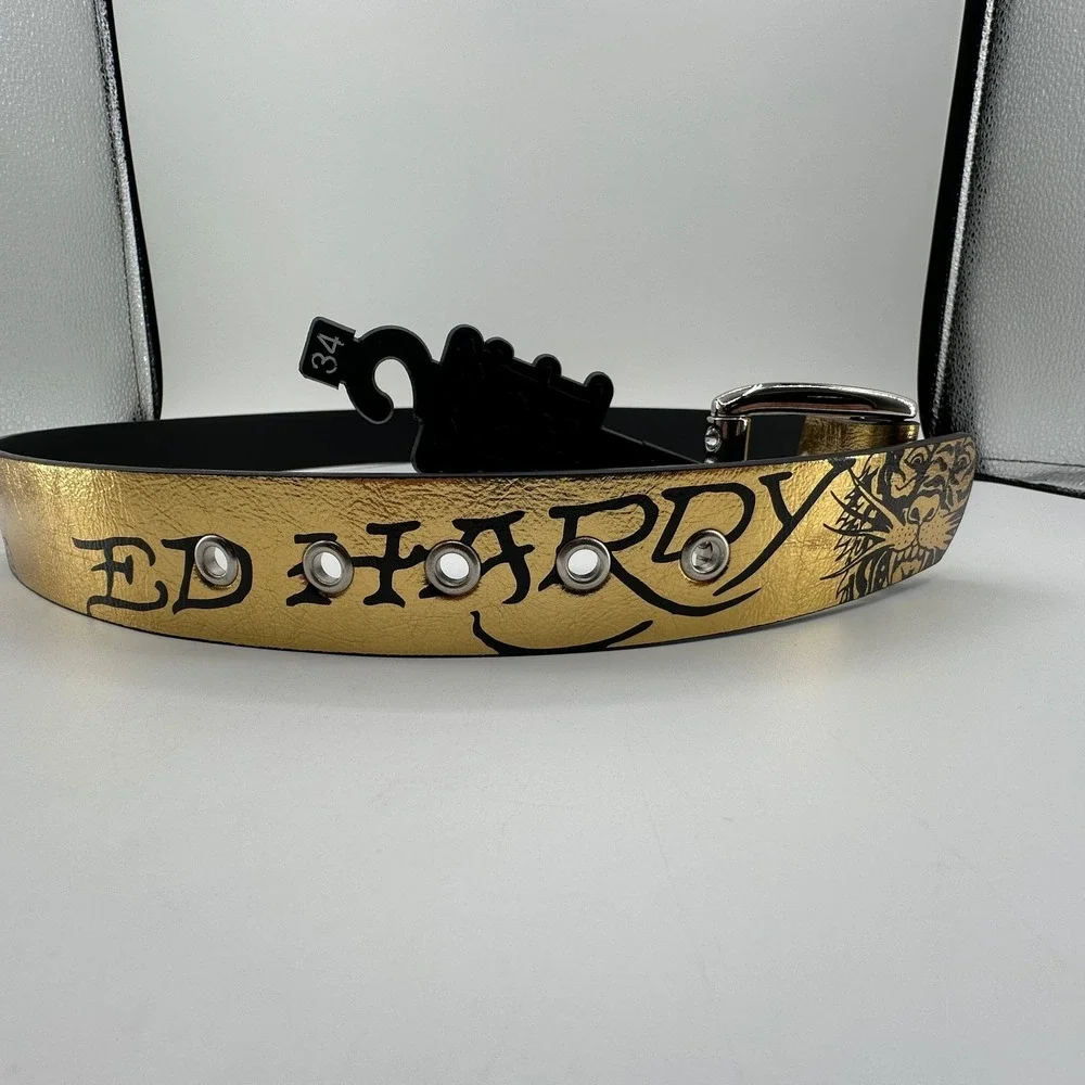 Ed Hardy Christian Audigier Belt Mens 34 Tiger Skull Tattoo Art Gold Color NEW
